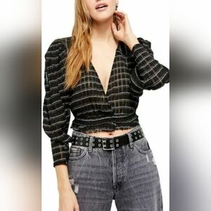 Free People Black Striped Semi-Wrap Top Size M